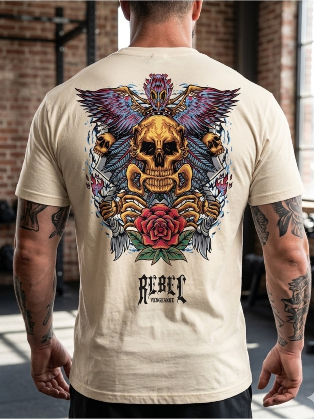 Men's Cream Skull & Rose Graphic Short Sleeve Tee